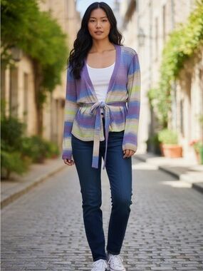 Wild Honey Striped Knit Cardigan in Lavender, Sky Blue & Cream